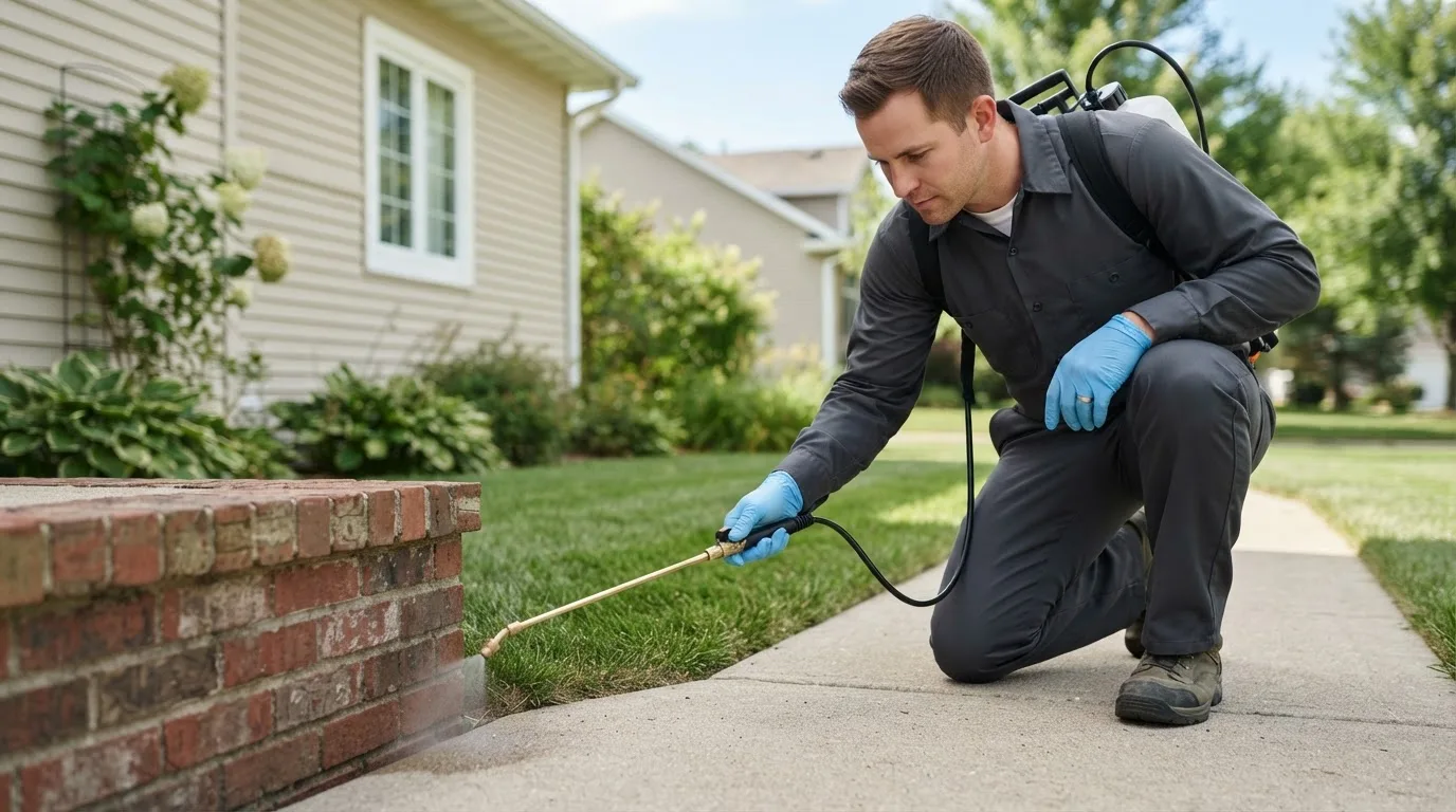 Pest control technician treating a home near Aurora, NC